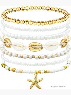 Handmade Bohemian Seashell Starfish Bracelet Set, Adjustable, Waterproof,